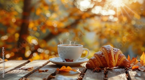 Croissant and Coffee on a Fall Morning