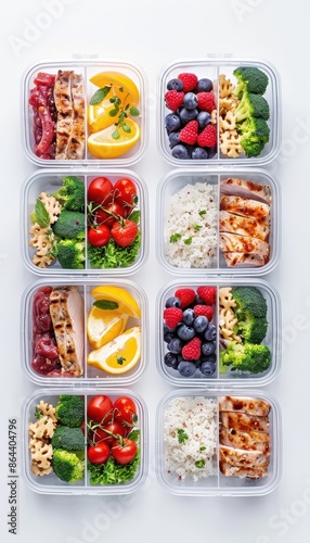 Healthy meal prep containers with a variety of colorful fruits, vegetables, and proteins, arranged neatly on a white background. © PrusarooYakk