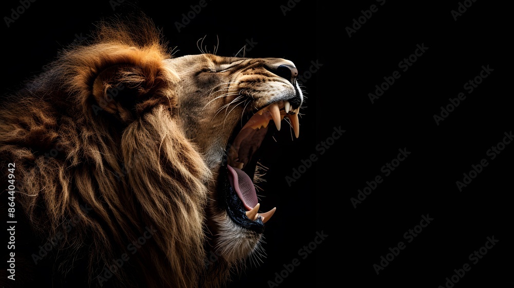 Fototapeta premium Lion roaring on black background.