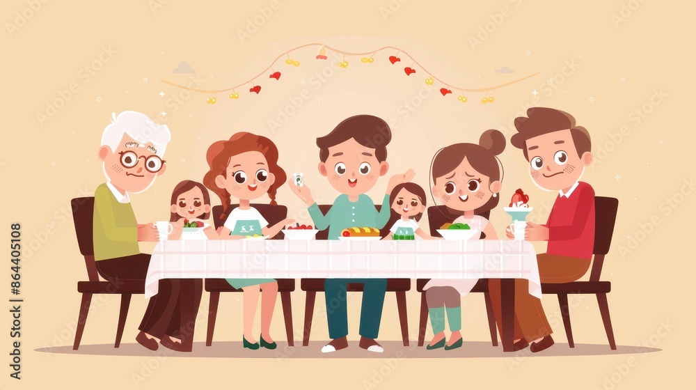 Happy family enjoying a meal together at a festive celebration, sharing joyful moments with kids and grandparents. Cartoon illustration. Happy family enjoying a meal together at a festive celebration, sharing joyful moments with kids and grandparents. Cartoon illustration.