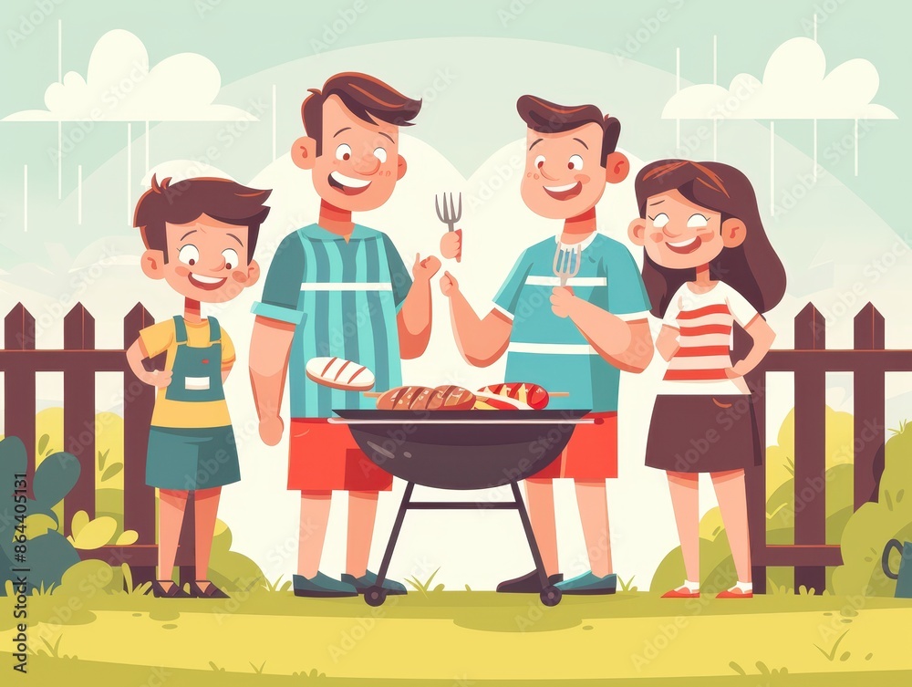 Happy family enjoying a backyard barbecue in summer, grilling food and spending quality time together in the garden. Happy family enjoying a backyard barbecue in summer, grilling food and spending quality time together in the garden.