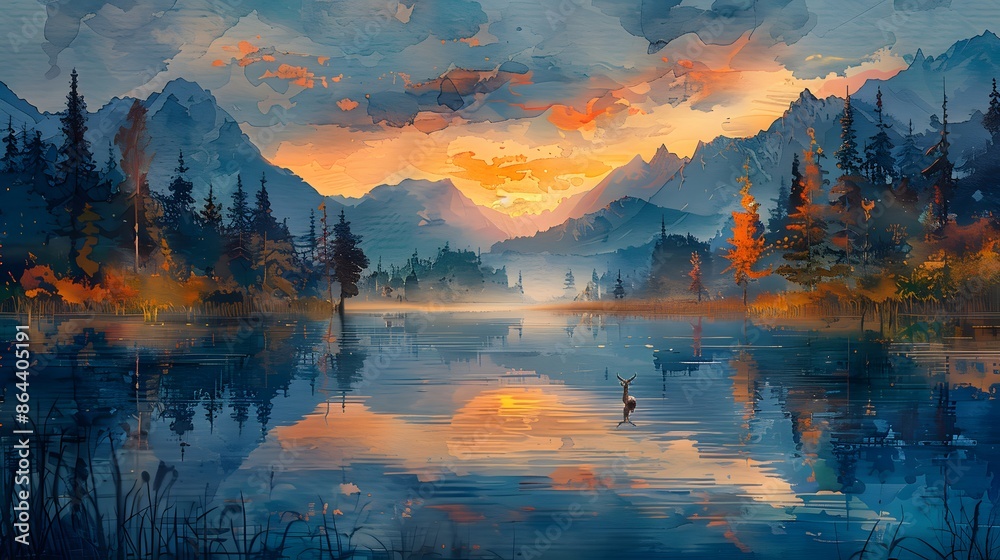 A watercolor painting of a serene lake with mirror-like reflections of mountains and trees, the sky filled with the warm colors of sunset, a calm and peaceful atmosphere. A watercolor painting of a serene lake with mirror-like reflections of mountains and trees, the sky filled with the warm colors of sunset, a calm and peaceful atmosphere.