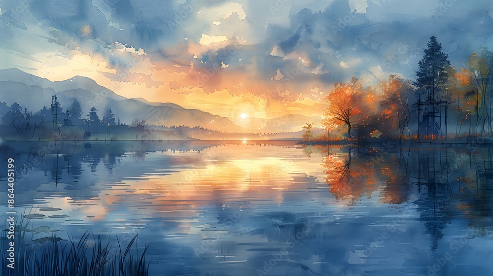 A watercolor painting of a serene lake with perfect reflections of the surrounding landscape, the water calm and still, the sky painted in soft hues of dawn, a tranquil and peaceful setting. A watercolor painting of a serene lake with perfect reflections of the surrounding landscape, the water calm and still, the sky painted in soft hues of dawn, a tranquil and peaceful setting.