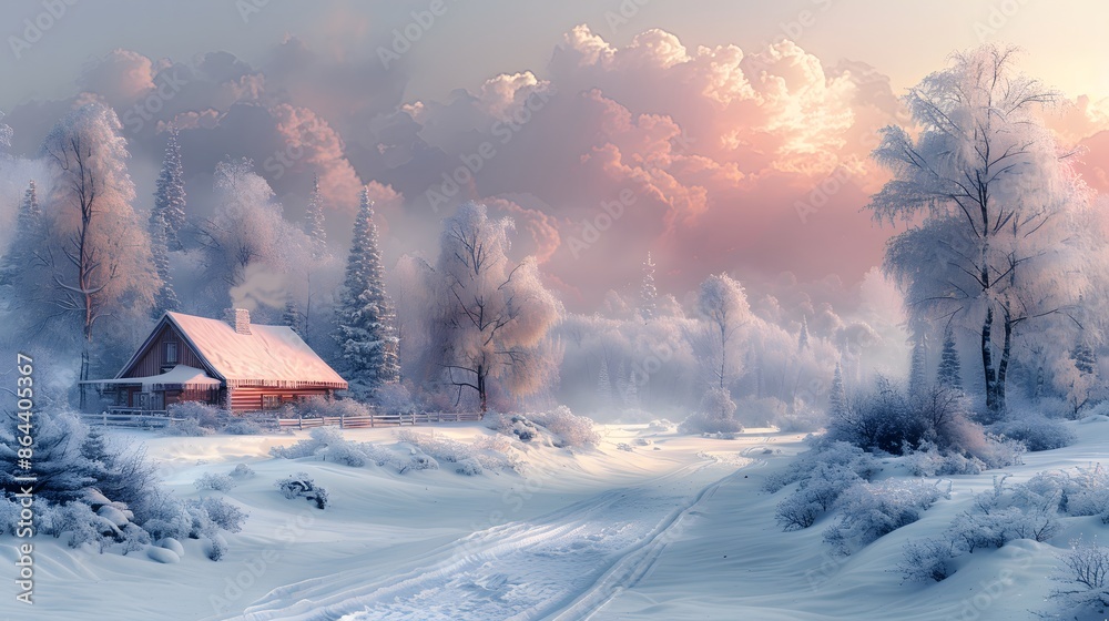 A watercolor painting of a snowy landscape, frosted trees with snow-covered branches, a cozy cabin with smoke rising from the chimney, a soft, pastel winter sky, a tranquil and serene setting. A watercolor painting of a snowy landscape, frosted trees with snow-covered branches, a cozy cabin with smoke rising from the chimney, a soft, pastel winter sky, a tranquil and serene setting.
