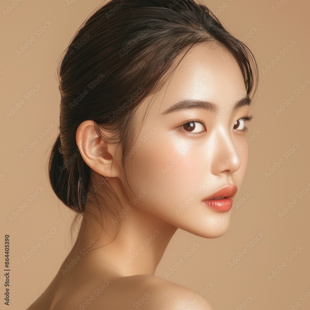 Beautiful portrait of a young Asian woman with clean fresh skin on a beige background, facial care, cosmetology Beautiful portrait of a young Asian woman with clean fresh skin on a beige background, facial care, cosmetology