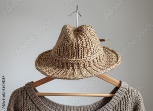 Beige Knit Cardigan and Straw Hat Hanging on a White Rack