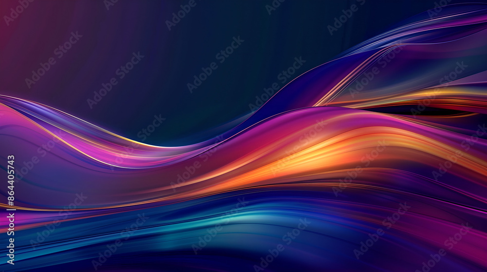 Abstract fluid 3D rendering of colorful shapes with smooth lines and iridescent colors, set against a dark background for a modern minimalist design. Abstract fluid 3D rendering of colorful shapes with smooth lines and iridescent colors, set against a dark background for a modern minimalist design.