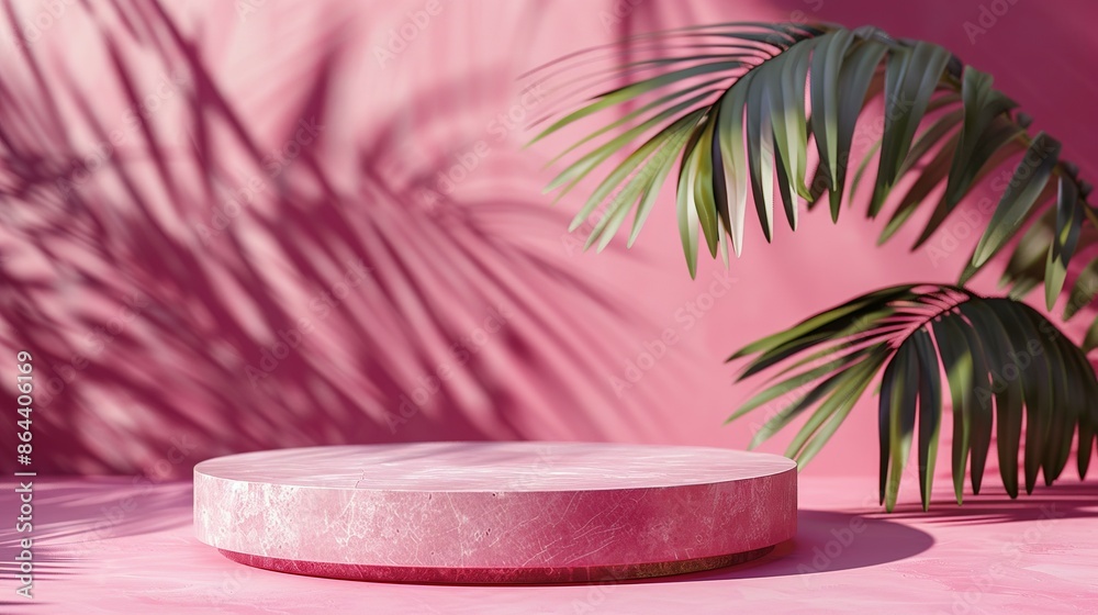 Obraz premium Pink Marble Podium With Palm Leaf And Shadow