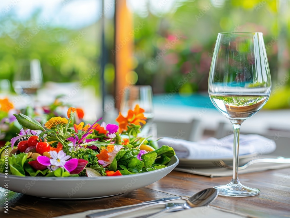 Fresh colorful salad with edible flowers and a wine glass on a wooden table, set outdoors with a blurred garden background. Fresh colorful salad with edible flowers and a wine glass on a wooden table, set outdoors with a blurred garden background.
