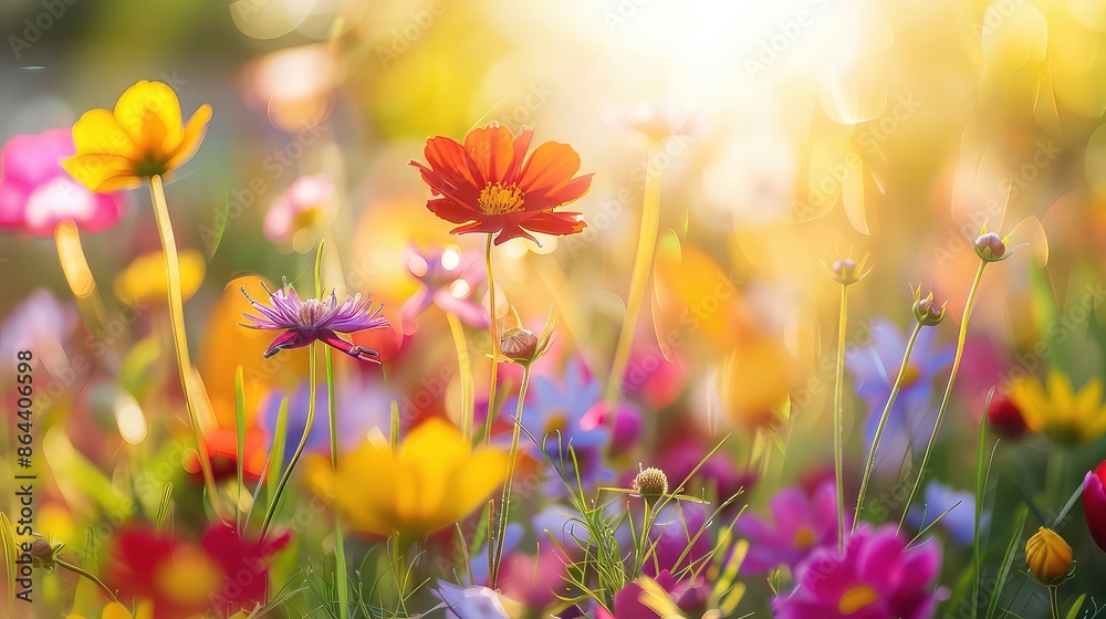 Flower field in sunlight, spring or summer garden background in closeup macro view or flowers meadow field in morning light. Flower field in sunlight, spring or summer garden background in closeup macro view or flowers meadow field in morning light.