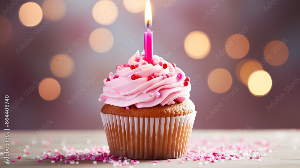 Birthday celebration - delicious cupcake with candle and pink decorations on festive background
Birthday celebration - delicious cupcake with candle and pink decorations on festive background