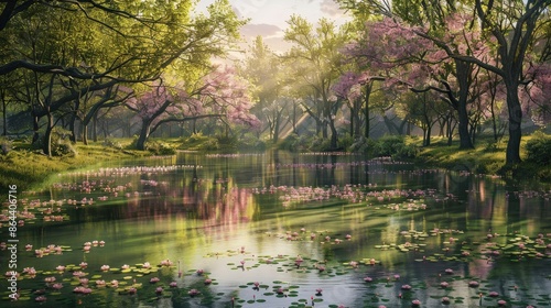 A tranquil pond surrounded by blossoming trees and lush greenery, reflecting the serene and peaceful atmosphere of spring