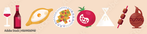 Georgian national dishes. Menu in a Georgian restaurant. Khachapuri, khinkali, dumplings, wine, pomegranate, dish. Classic dishes for lunch and dinner. Vector illustration isolated on background
