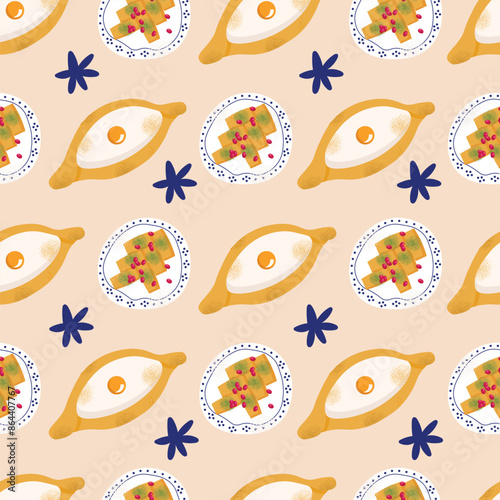 Georgian national dishes seamless pattern. Menu in restaurant. Khachapuri, khinkali, dumplings, wine, pomegranate, dish. Classic dishes for lunch and dinner. Vector illustration isolated on background