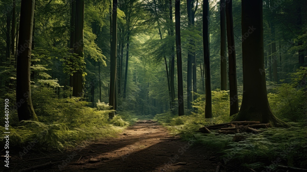 Obraz premium Sunlit Path Through a Lush Green Forest