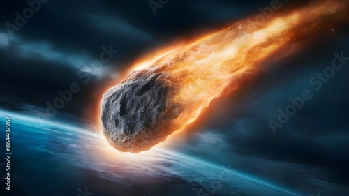 Imminent Impact: Asteroid Meteor in Space - 3D Render, genareted AI. photo