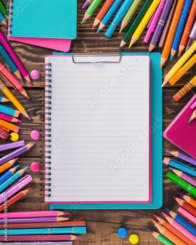 Colorful assortment of pencils and notebooks on a wooden table, perfect for school, art projects, or office supplies. Bright and vibrant stationary.