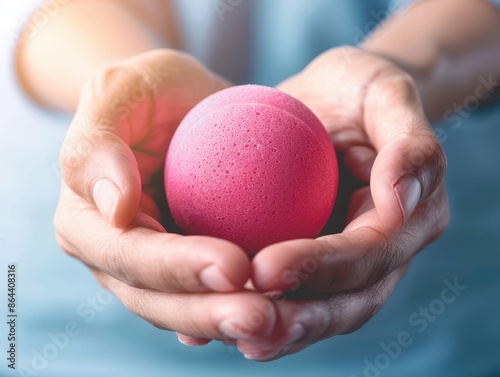 Close-up of hands gently holding a pink stress ball, emphasizing relaxation and stress relief. Ideal for wellness and mindfulness themes.