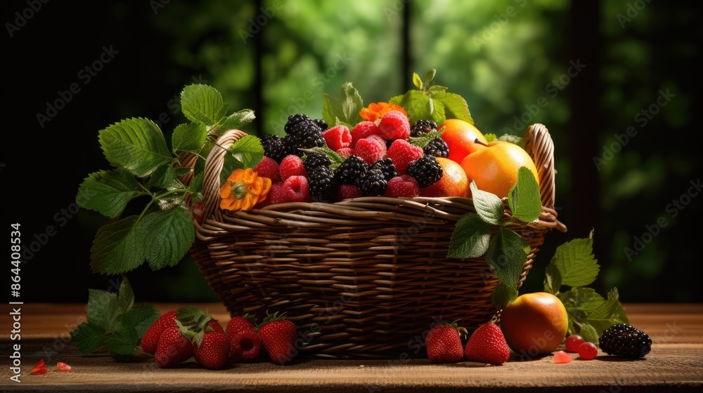 Freshly Picked Summer Fruits. Overflowing Basket of Berries and Apples Freshly Picked Summer Fruits. Overflowing Basket of Berries and Apples