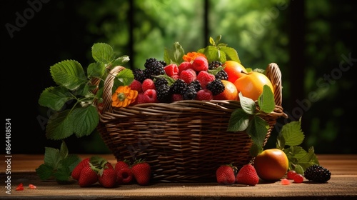 Freshly Picked Summer Fruits. Overflowing Basket of Berries and Apples