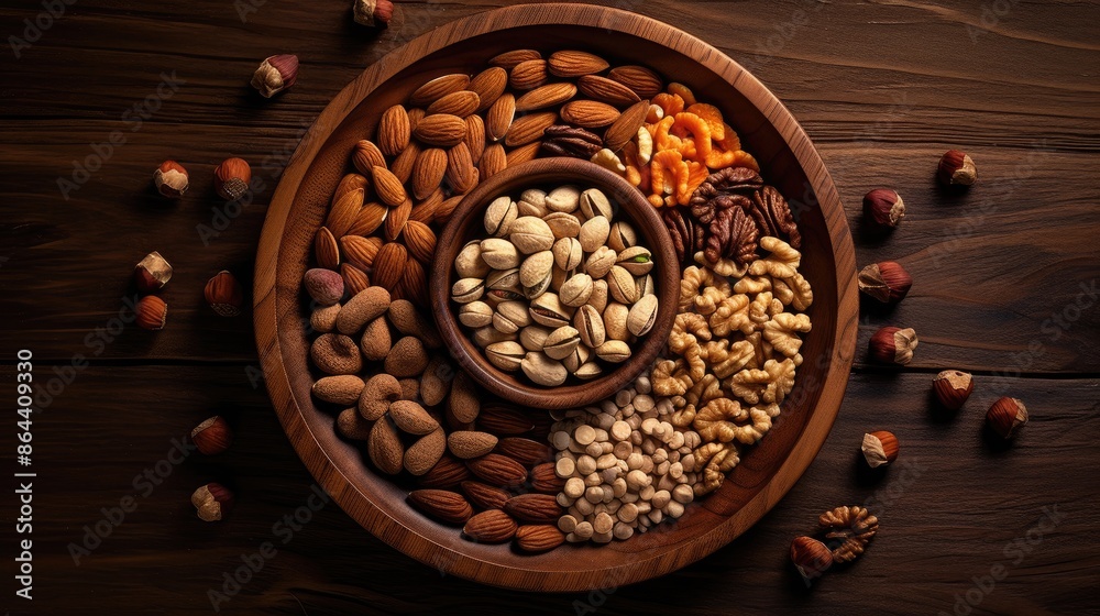 Assortment of nuts and dried fruits on a wooden plate. almonds, pistachios, walnuts, pecans, hazelnuts. Healthy snacks, vegan and vegetarian food concept. Assortment of nuts and dried fruits on a wooden plate. almonds, pistachios, walnuts, pecans, hazelnuts. Healthy snacks, vegan and vegetarian food concept.