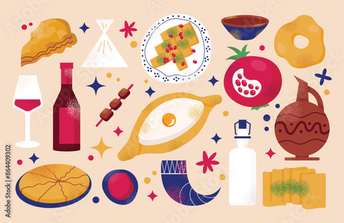 Georgian national dishes. Menu in a Georgian restaurant. Khachapuri, khinkali, dumplings, wine, pomegranate, dish. Classic dishes for lunch and dinner. Vector illustration isolated on background