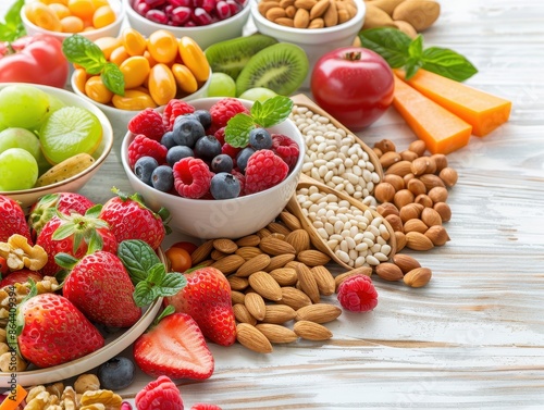 Assortment of fresh fruits, nuts, and grains on a white wooden background, showcasing healthy eating and natural ingredients.