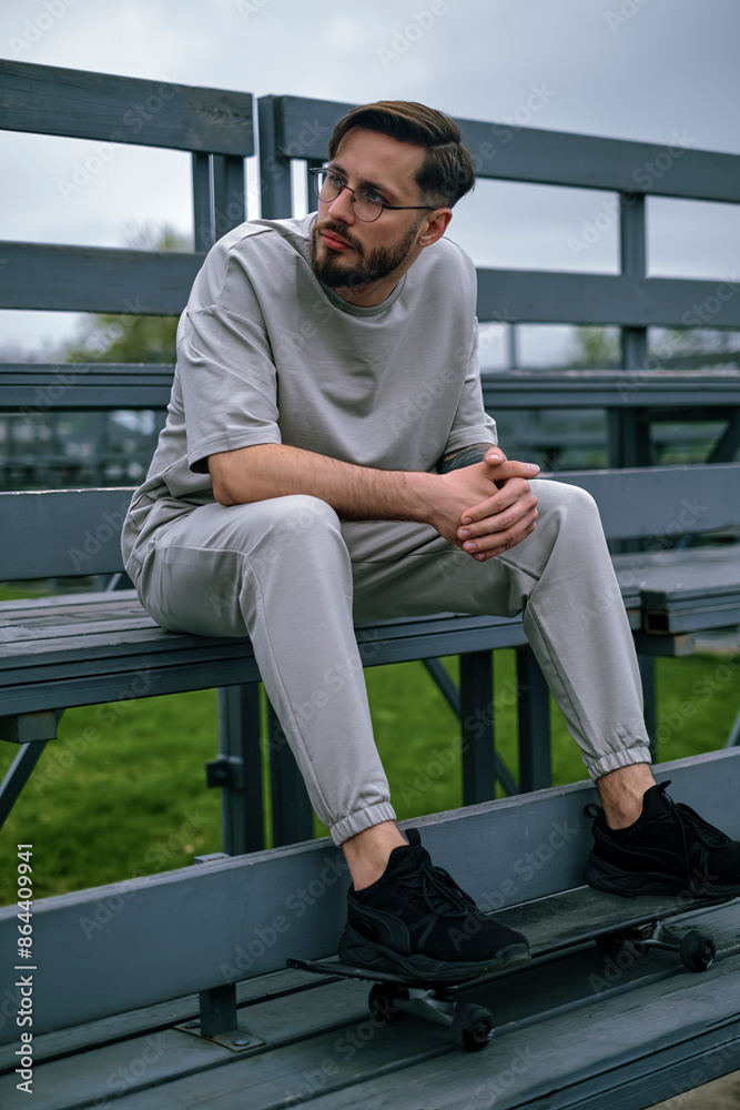 Fototapeta premium A bearded man in a gray tracksuit sitting on a bench at a sports park, with a skateboard at his feet.