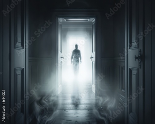 A mysterious shadowy figure standing in a doorway with an eerie glow and mist surrounding them, creating a suspenseful and haunting atmosphere.