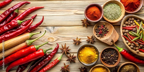 Knolling assorted spices and red chilli peppers on a light wood table top. Food and cuisine ingredients. The concept of healthy and tasty food. Background for menu, invitation, card, banner, flyer
