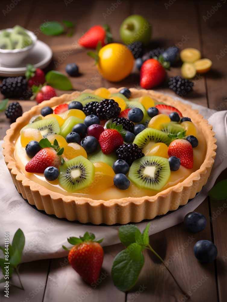 Vibrant Mixed Fruit Tart with Kiwi, Berries, and Peach Glaze. Vibrant Mixed Fruit Tart with Kiwi, Berries, and Peach Glaze.