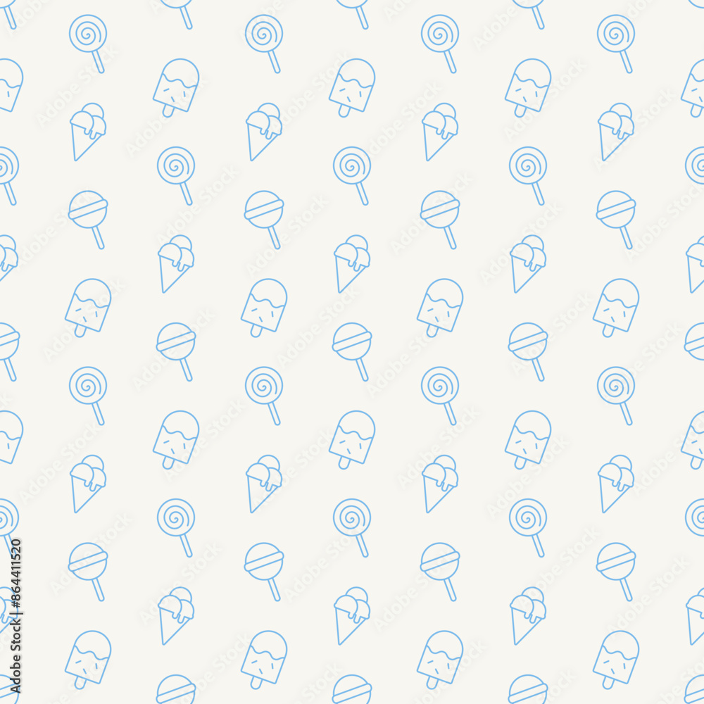 Blue sweets vector background. Basic flat design dessert illustration pattern. Ice cream cone, ice cream stick, candy sign symbol. Wallpaper, seamless. Blue sweets vector background. Basic flat design dessert illustration pattern. Ice cream cone, ice cream stick, candy sign symbol. Wallpaper, seamless.