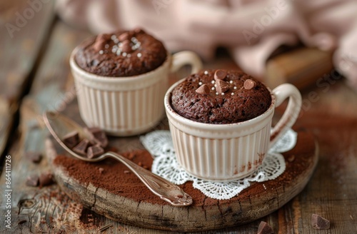 Chocolate Mug Cakes on Wooden Cutting Board With Lace Doily