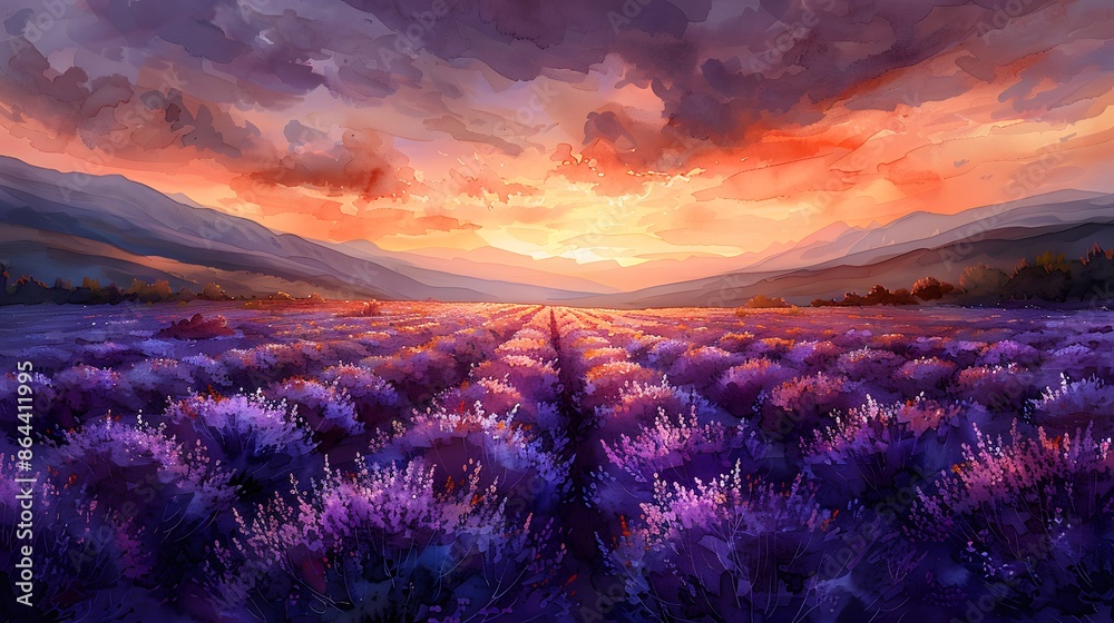 Fototapeta premium A watercolor painting of vast lavender fields at sunset, the sky painted in shades of orange and pink, rows of blooming lavender stretching to the horizon, gentle rolling hills in the background.