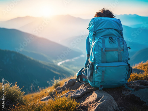 A huge tourist backpack on mountains background.
