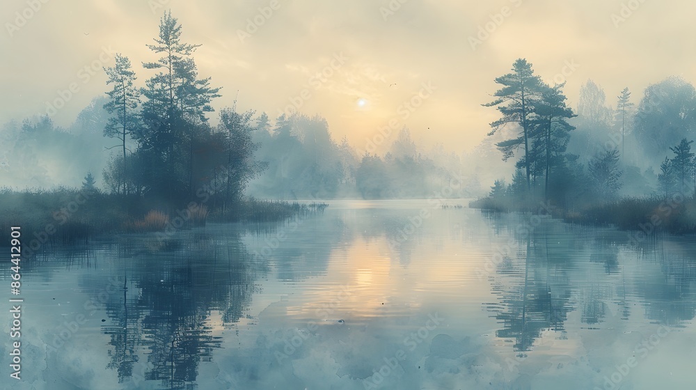 Fototapeta premium A watercolor scene of a marshland shrouded in morning fog, the mist creating a dreamy atmosphere, distant trees barely visible, the water still and reflective, a serene and tranquil environment.