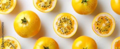 yellow passion fruit are in neat rows and top view