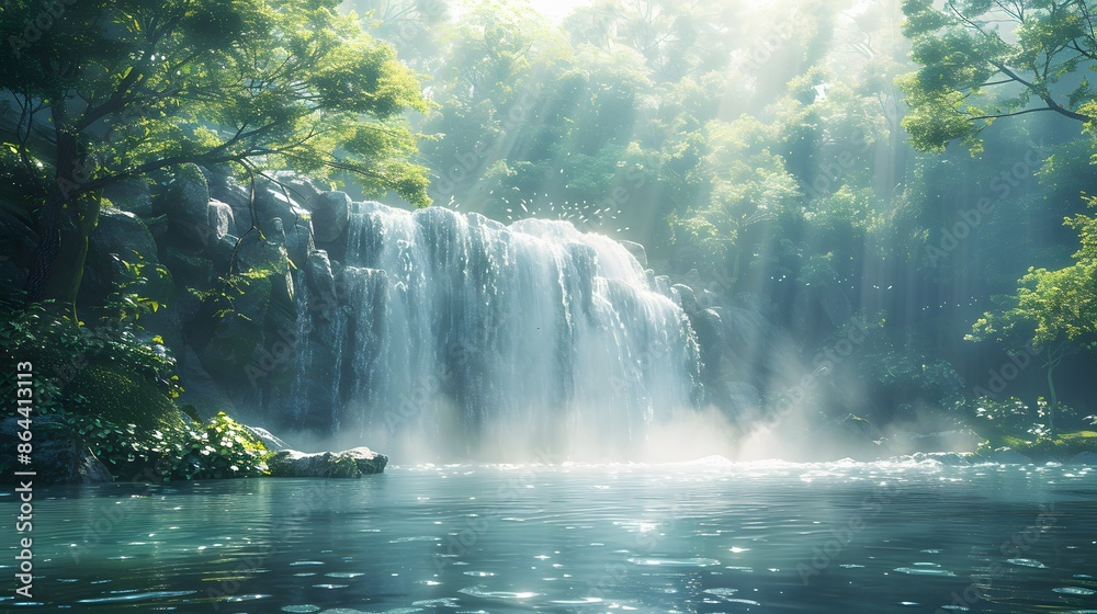 A watercolor scene of a secluded waterfall, lush greenery framing the waterfall, water cascading down the rocks into a serene pool, soft sunlight creating a mystical glow, a peaceful and tranquil atmo A watercolor scene of a secluded waterfall, lush greenery framing the waterfall, water cascading down the rocks into a serene pool, soft sunlight creating a mystical glow, a peaceful and tranquil atmo