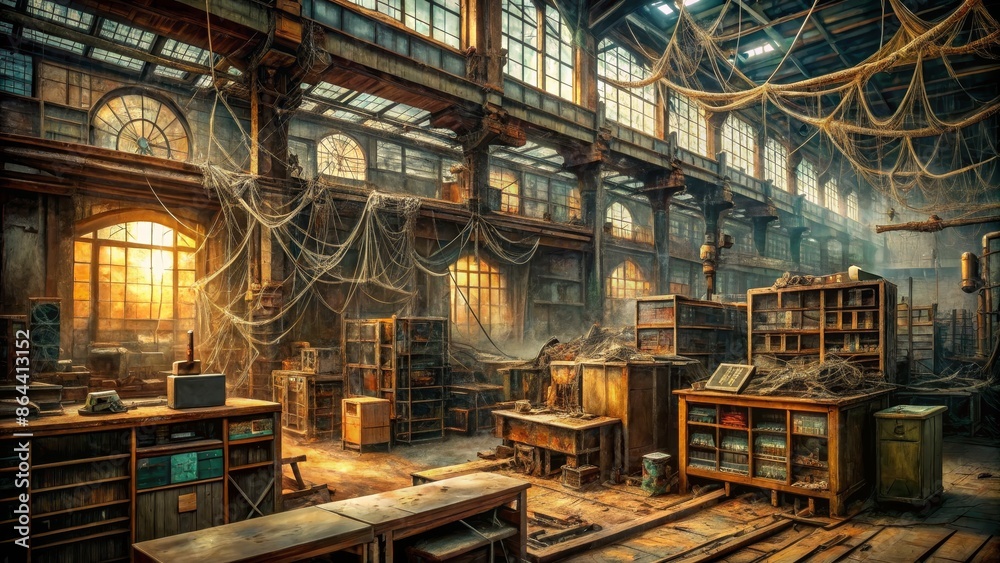Abandoned Factory Interior with Cobwebs and Sunbeams Abandoned Factory Interior with Cobwebs and Sunbeams