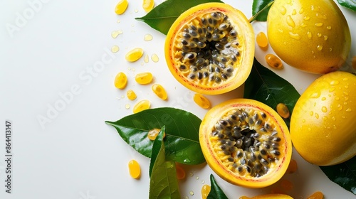 yellow passion fruit on white background with empty space
