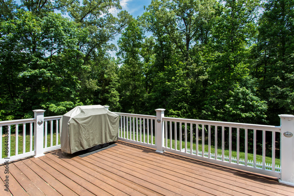 Summer Outdoor Deck with White Railings and Lush Green Forest View, Covered Grill