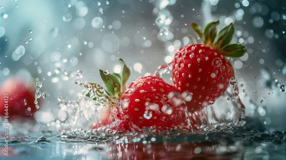 Strawberries in Water Splash with Bokeh Effect Strawberries in Water Splash with Bokeh Effect