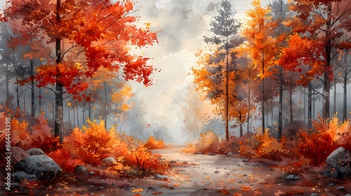 A watercolor scene of a winding path through a forest in autumn, leaves in brilliant reds and oranges, sunlight creating a golden glow, a peaceful and serene setting. © Thuyet