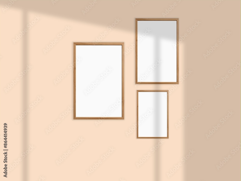 Frames on wall, gallery wall for photo, art, design presentation, frame mockup, soft pink background. Frames on wall, gallery wall for photo, art, design presentation, frame mockup, soft pink background.