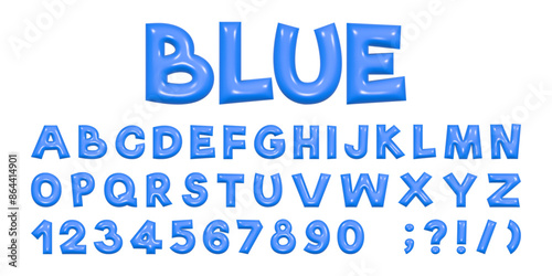 Blue playful alphabet in Y2K style. 3D rendering of plump letters, plastic glossy reflective texture. Vector illustration.