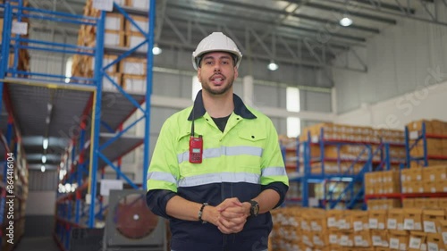 Caucasian warehouse worker man stand in front of shelves of pruduct and explain about service area in workplace. photo