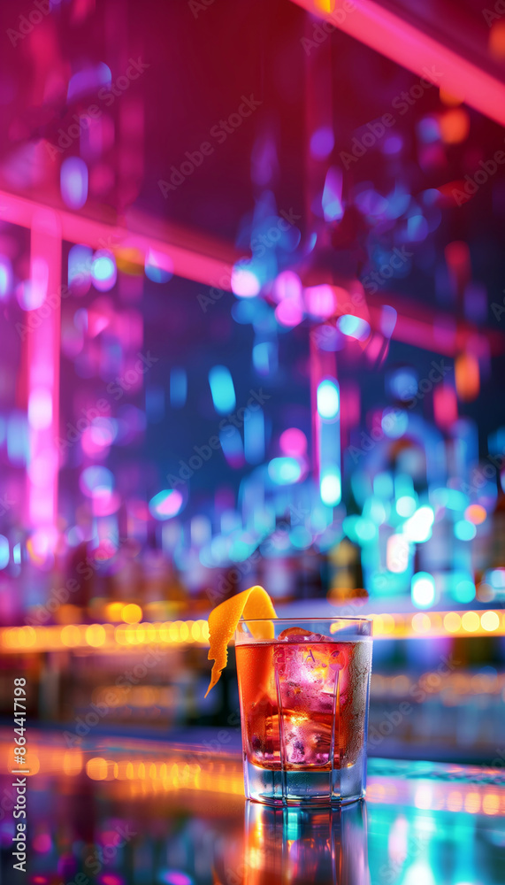 A glass of negroni cocktail with an orange slice in it sits on a bar counter A glass of negroni cocktail with an orange slice in it sits on a bar counter