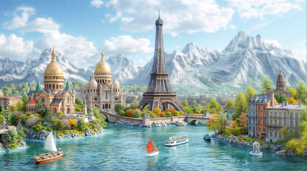 Obraz premium Sustainable and ecological travel concept. Miniature Island with Iconic world landmarks in a Coastal Cityscape