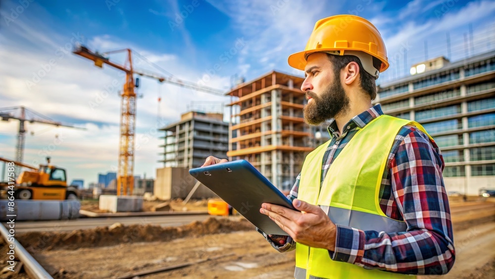 Construction Worker Using Tablet on Construction Site Construction Worker Using Tablet on Construction Site