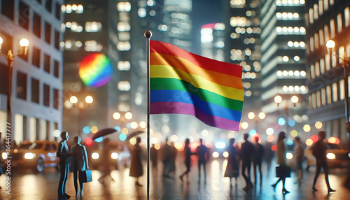 Pride parade, rainbow flag waving in the foreground against a blurred city street background photo